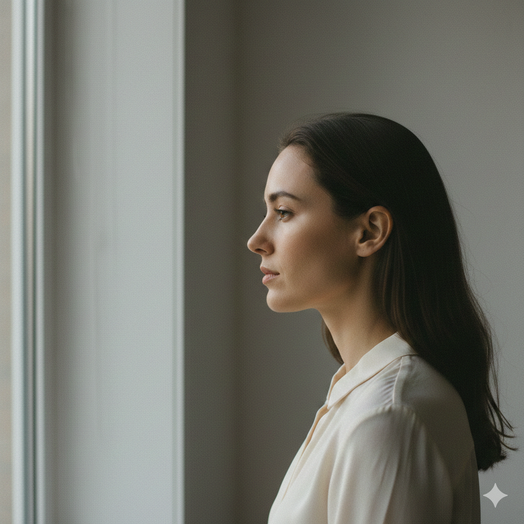 Mulher pensativa próxima à janela